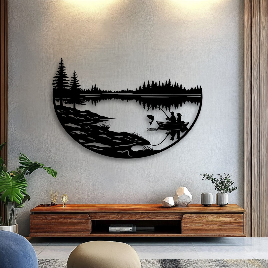 The focal point of this serene metal art for wall features a peaceful fishing lake scene with a detailed forest silhouette and anglers catching a fish from a boat.