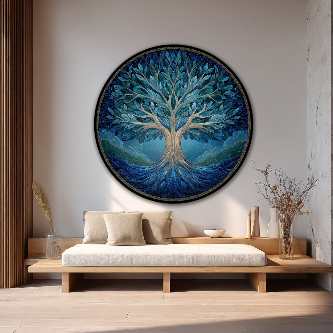 Árbol de la Vida Azul – Redondo de Madera Cuadro al óleo Arte de pared