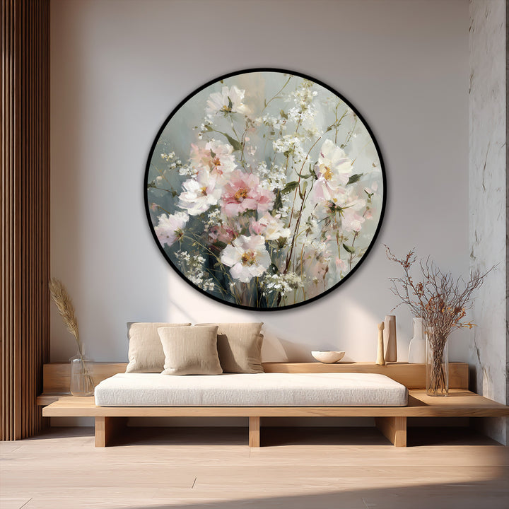 The negative space highlights a round oil painting home decor piece, 'Soft Pastel Wildflowers in Bloom,' creating a balanced composition with a serene floral arrangement.