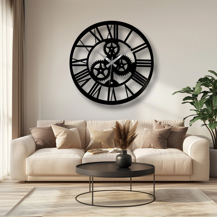 Showing the intricate gears and roman numerals, the focal point of this black industrial gear metal wall clock is a stunning piece of metal wall decor.