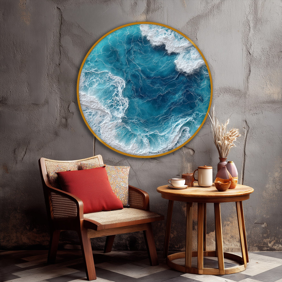 Ocean Wave Aerial Round Canvas Print – Turquoise Sea Wall Art