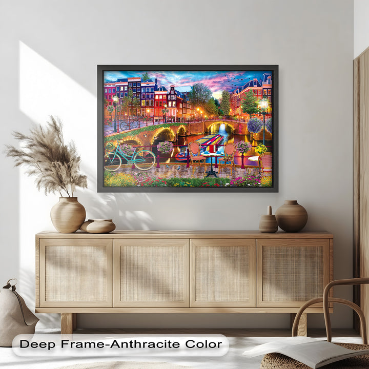 An enchanting cityscape of Amsterdam, where historic bridges, colorful homes, and twinkling canal reflections create a dreamy, timeless scene
