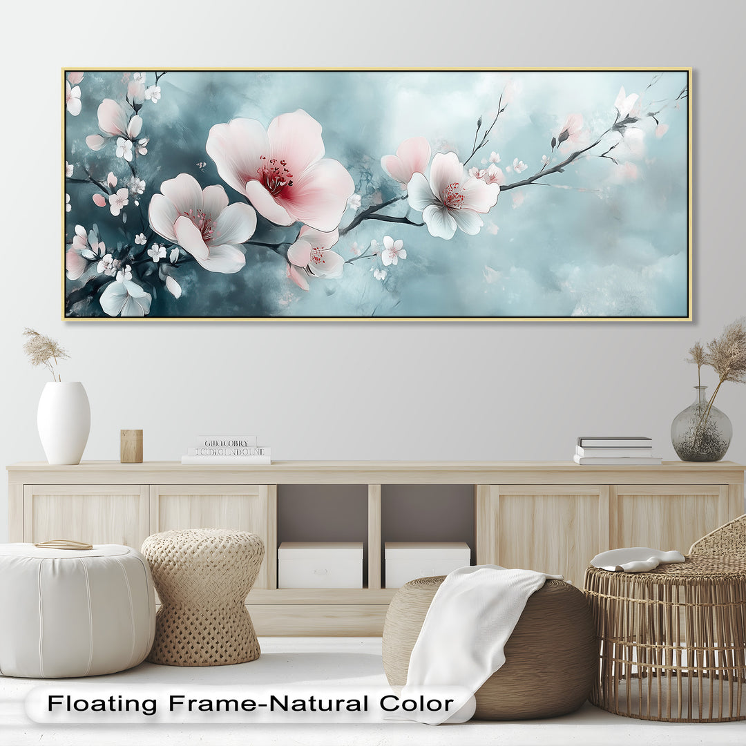 Soft Pink and White Petals on Tranquil Blue - Flower Oil Painting