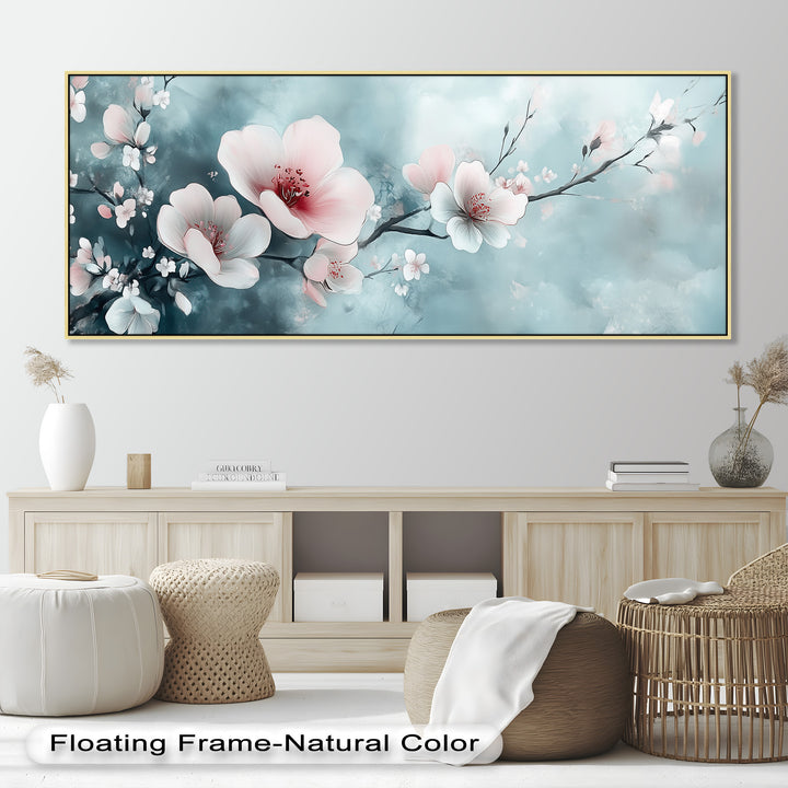 Soft Pink and White Petals on Tranquil Blue - Flower Oil Painting
