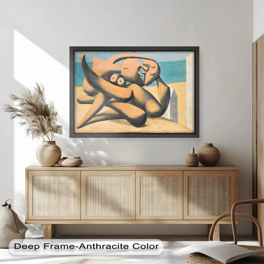 Set against a tranquil sea and sand backdrop, the Lovers by the Sea oil painting wall art evokes a serene yet abstract seascape.