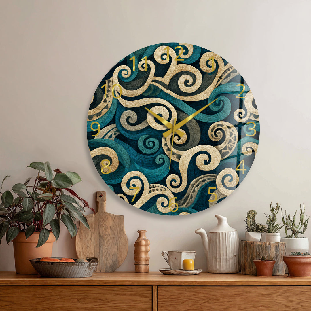 Teal Spiral Glass Wall Clock – Blue and Beige Abstract Swirl Art