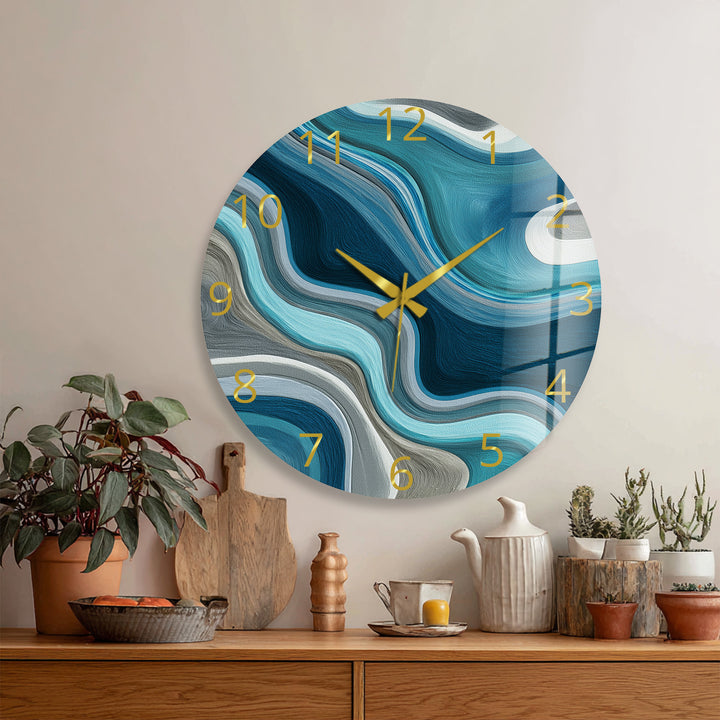 Blue Abstract Glass Wall Clock – Teal Wave Modern Decor