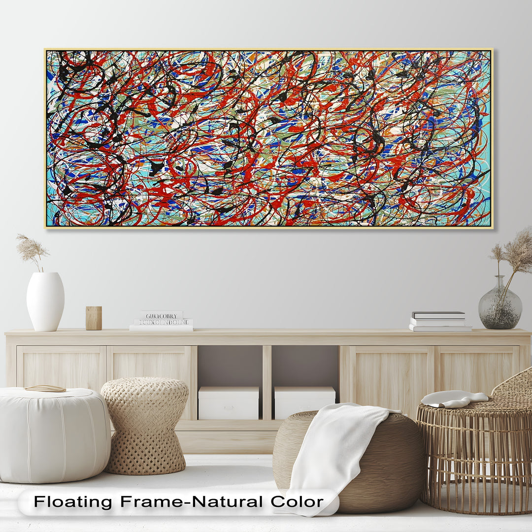 An expressive abstract artwork created with layers of spontaneous brushstrokes and vibrant colors, capturing energy and motion.