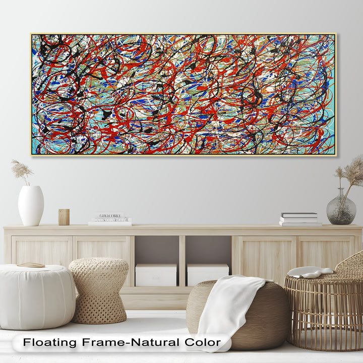 An expressive abstract artwork created with layers of spontaneous brushstrokes and vibrant colors, capturing energy and motion.