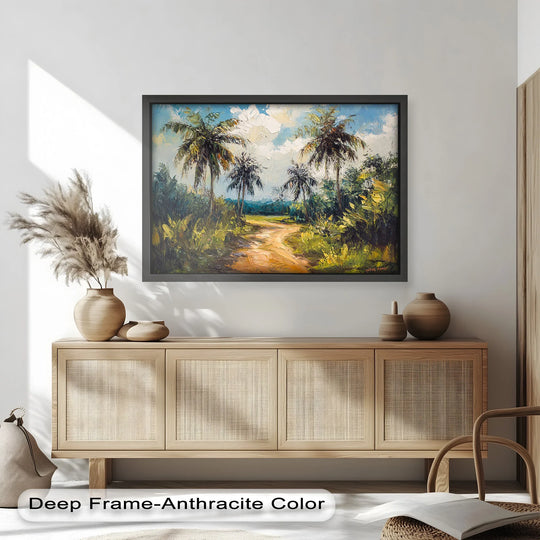 Dramatic color contrast highlights the vibrant tropical pathway and palm trees in this impressionist oil painting artwork, showcasing rich greens against a bright path.