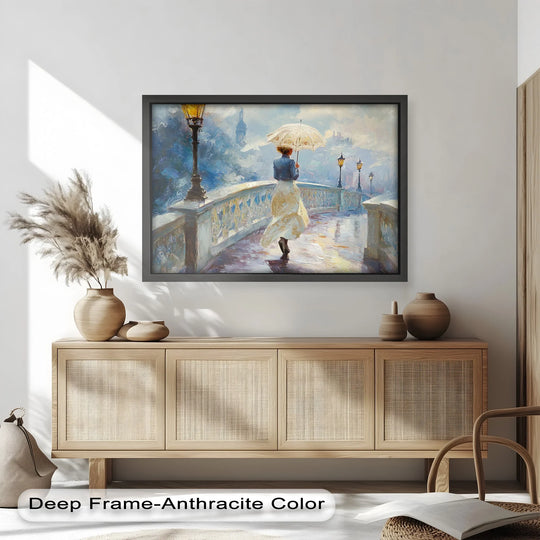 Visible surface texture highlights the brushstrokes and impasto techniques creating a unique oil painting decoration for this woman with umbrella scene.