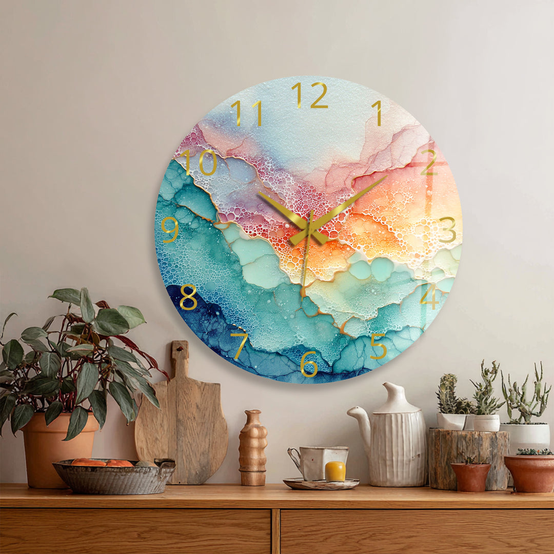 Pastel Fluid Art Glass Wall Clock – Pink and Teal Abstract Decor