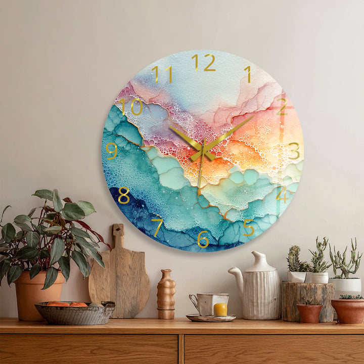Pastel Fluid Art Glass Wall Clock – Pink and Teal Abstract Decor