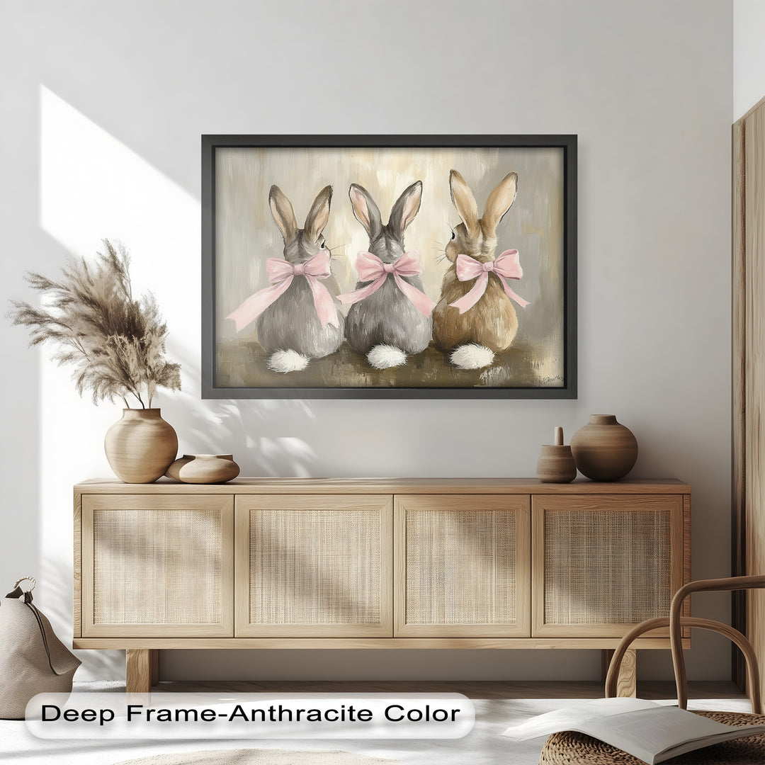 Trio of Bunnies with Pink Bows – Animal Oil Painting