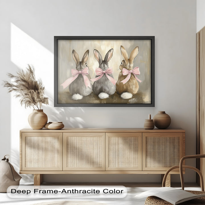 Trio of Bunnies with Pink Bows – Animal Oil Painting