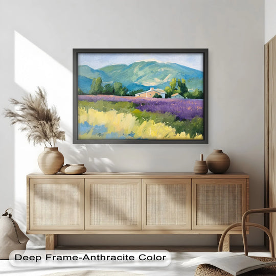 Peaceful mood evoked by the lavender fields in Provence in this impressionistic landscape with mountains in the background, a calming oil painting decoration.