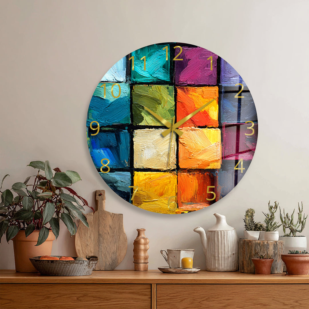 Colorful Abstract Glass Wall Clock – Textured Geometric Painting