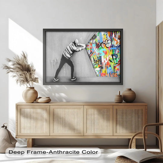 The focal point of this 'Unveiling the Chaos' Banksy-inspired oil painting displays a compelling use of color, making it a captivating choice for your oil painting decoration.