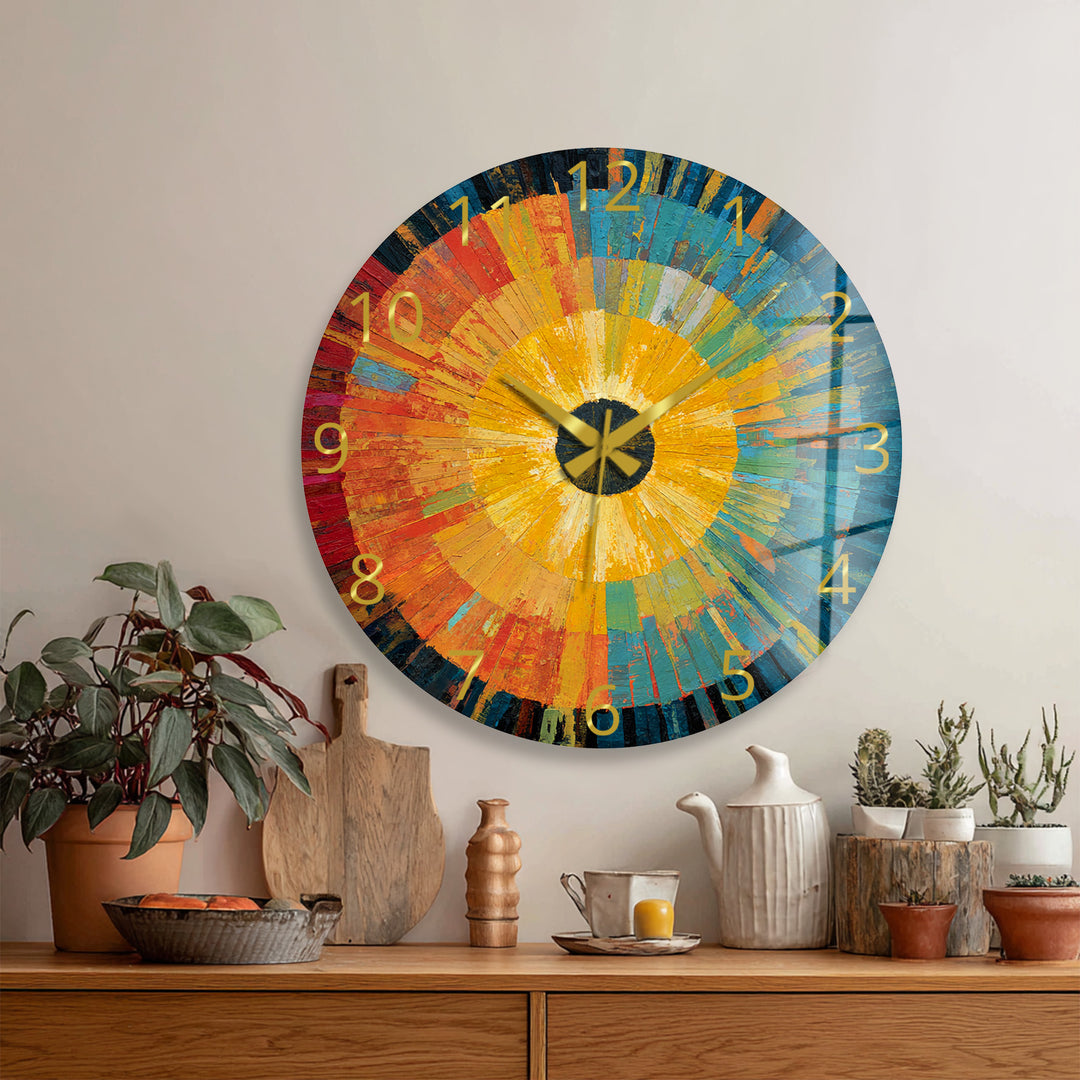 Abstract Sunburst Glass Wall Clock – Colorful Modern Art