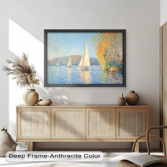 Warm and cool color temperatures interplay across this boat scene oil painting, depicting tranquil sails and influencing its appeal as oil painting home decor.
