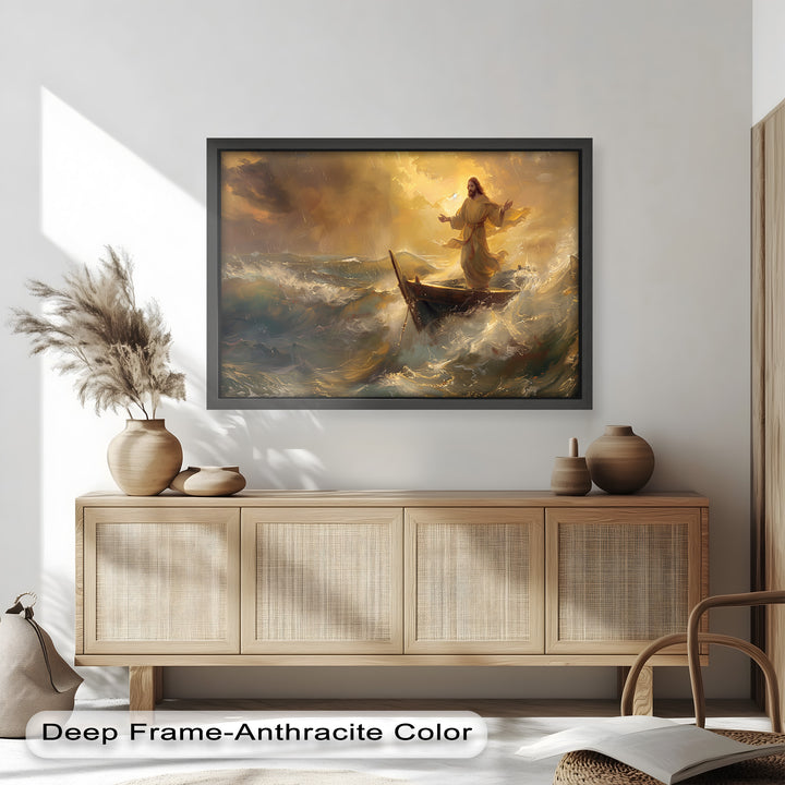 This breathtaking oil painting captures the powerful biblical moment when Jesus stands unwavering amidst the stormy sea, radiating faith and divine guidance. The dramatic light and expressive brushstrokes bring this sacred scene to life.