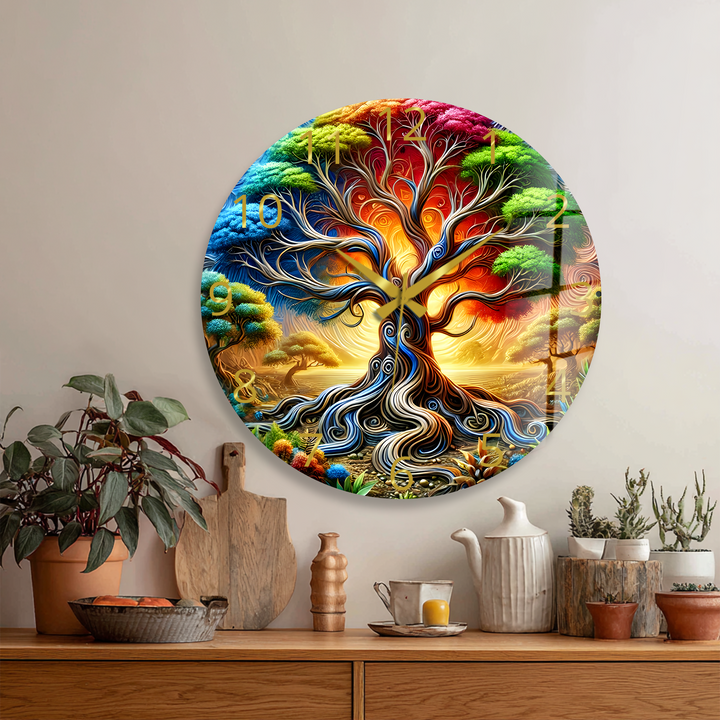Colorful Tree of Life Glass Wall Clock – Fantasy Nature Decor