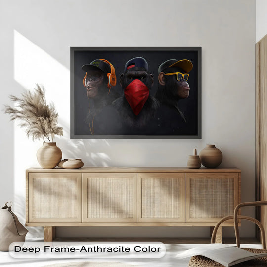 Negative space accentuates the urban evolution streetwise chimp collective Banksy oil painting, a modern oil painting art that draws attention to the light and shadow play.