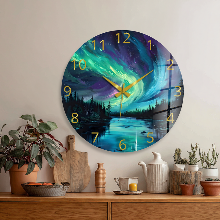 Northern Lights Glass Wall Clock – Aurora Borealis Decor