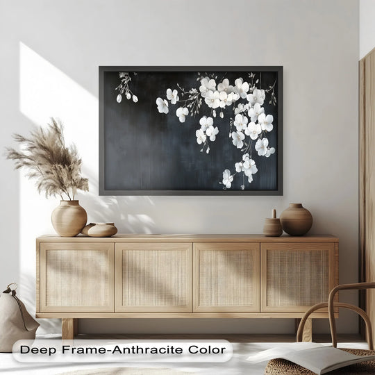 The stillness emanates from the wall as delicate white cherry blossoms unfurl in this flower oil painting reproduction print, bringing a quiet elegance.