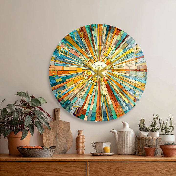 Geometrische Sunburst-Glaswanduhr – Bunte Mosaikkunst