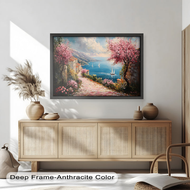 A dreamy European coastal escape is brought to life with rich textures and warm colors, as a flower-lined walkway offers a picturesque view of the tranquil sailing boats in the distance.