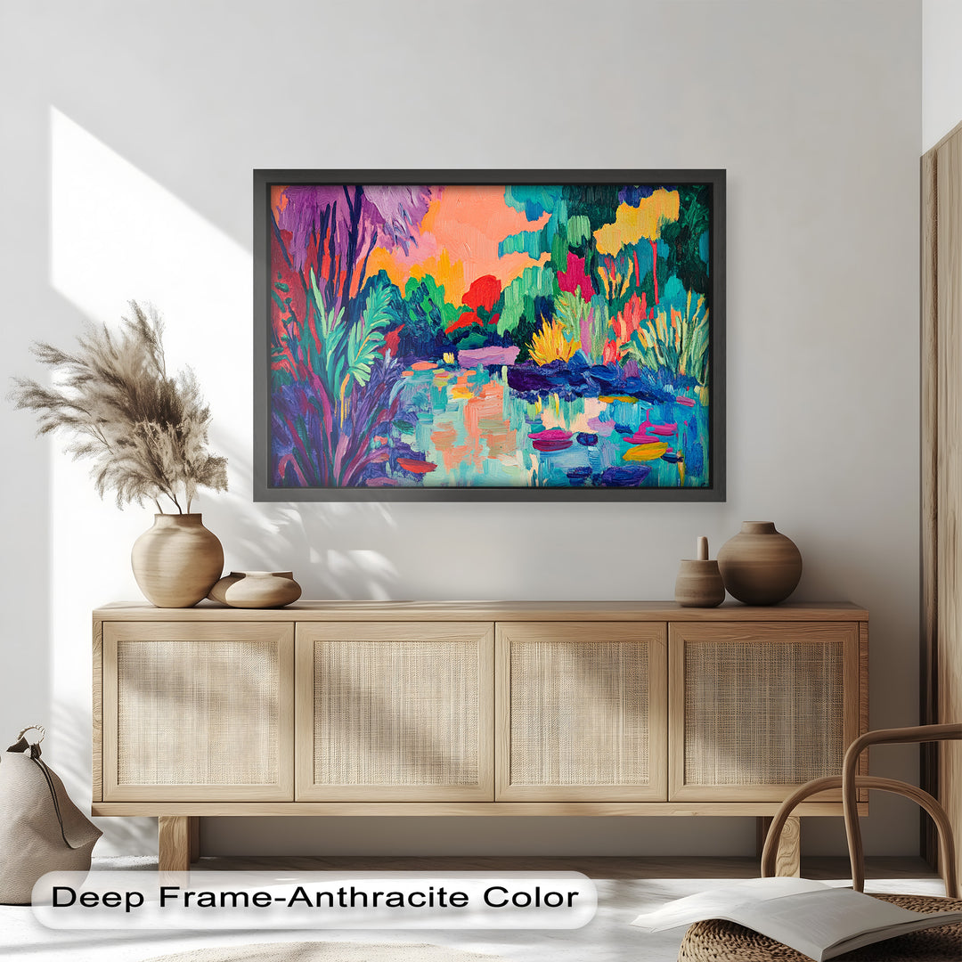 Sunset Reflections Oil Painting – Fauvist Lakeside Dreamscape