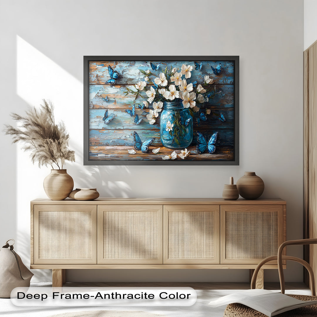 Flowers and Blue Butterflies – Elegant Nature Oil Painting
