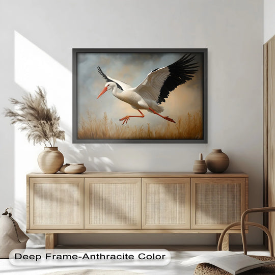 Horizontal modern oil painting art depicts a stork in flight over golden grasses, presented in a rectangular shape.