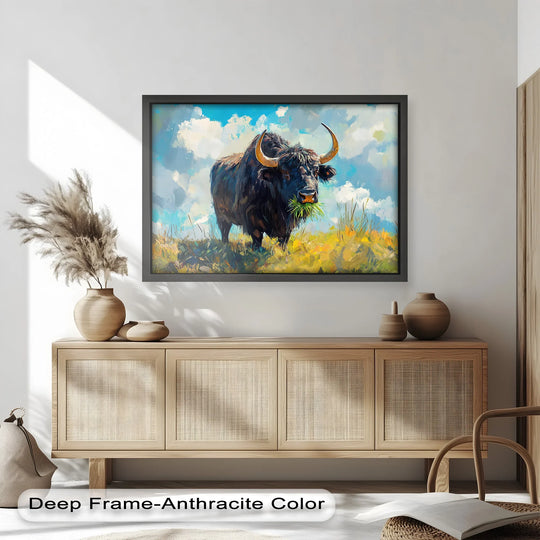 Evoking the abstract quality of an impressionistic Highland Bull oil painting wall art with vibrant strokes suggesting form amid a dreamlike sky and grassy field.