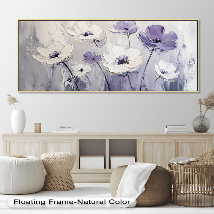 White and Purple Florals on Misty Background - Flower Oil Painting