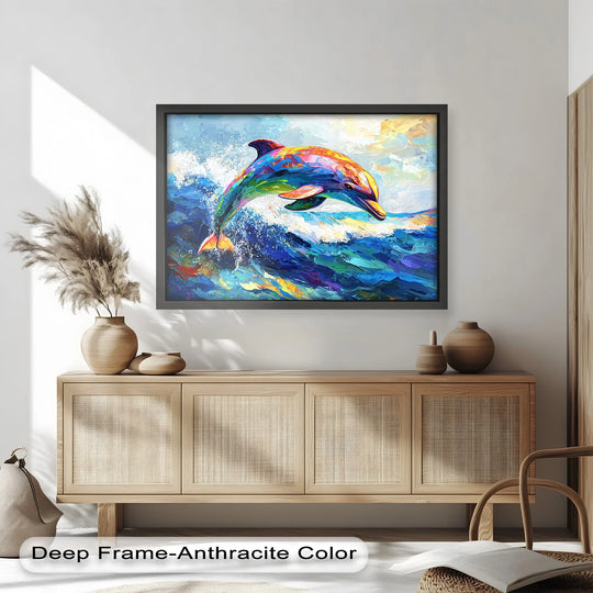 Dominant blues and greens highlight the vibrant, colorful dolphin leaping in this ocean-themed oil painting artwork, a captivating focal point.