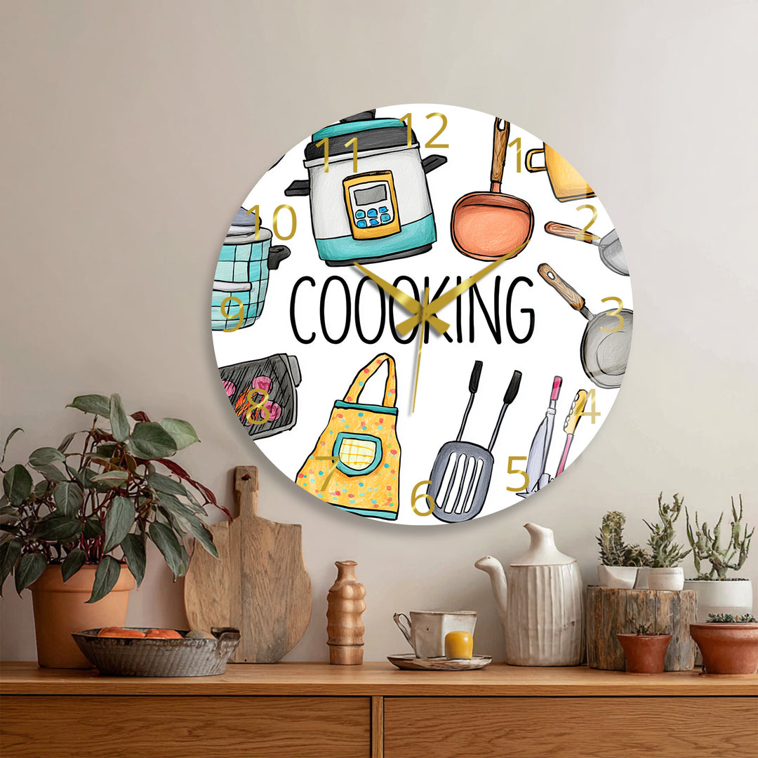 Colorful Cooking Glass Wall Clock – Kitchen Utensil Decor