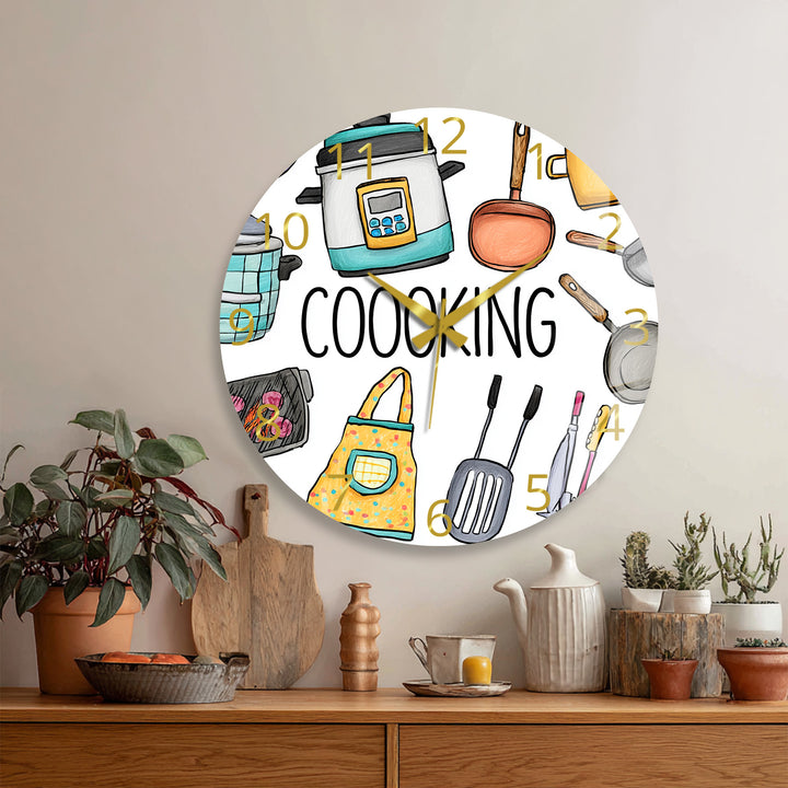 Colorful Cooking Glass Wall Clock – Kitchen Utensil Decor