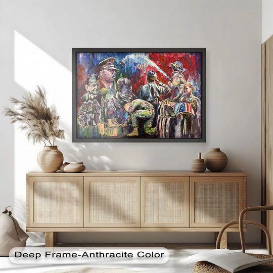 Alternating light and shadow accentuates the emotional intensity of the Honor and Sacrifice oil painting artwork, highlighting the military tribute.