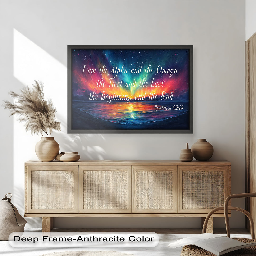Vibrant aurora painting with Revelation 22:13 about God's eternal presence.
