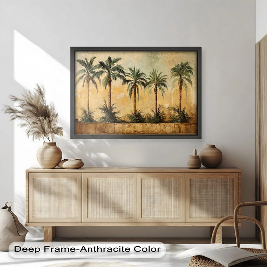 Subdued color saturation enhances the vintage aesthetic of this 'Palm Tree Grove' oil painting, offering an inviting piece of oil painting decoration for a tranquil space.