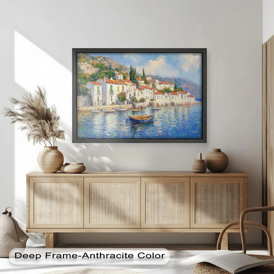 The brightest area highlights the serene, sun-drenched houses in this impressionistic Mediterranean village oil painting art prints, reflecting light onto the blue water.