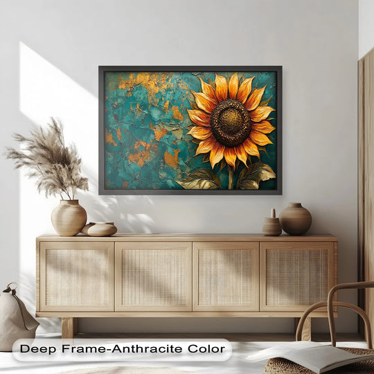 Teal dominates this flower oil painting decoration of a vibrant sunflower with textured gold accents, creating a rich, colorful floral art piece.