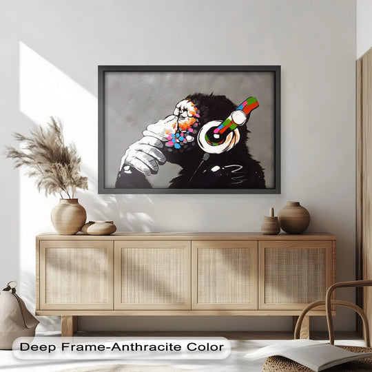 Vibrant oil painting artwork brings a contemplative chimp to life, with rich color and texture enhancing this modern fine art reproduction.