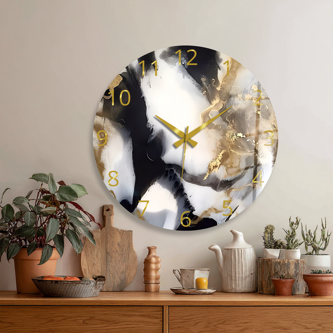 Black and Gold Marble Glass Wall Clock – Abstract Luxury Decor