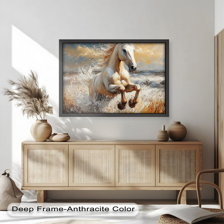 White Horse Art – Gerahmtes Ölgemälde mit Pferd