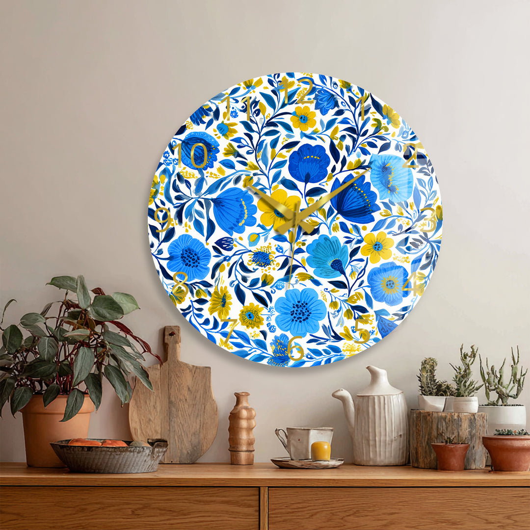 Blue and Yellow Floral Glass Wall Clock – Botanical Decor