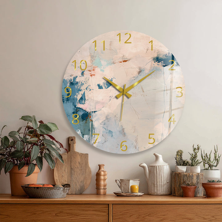 Neutral Abstract Glass Wall Clock – Beige and Blue Modern Decor