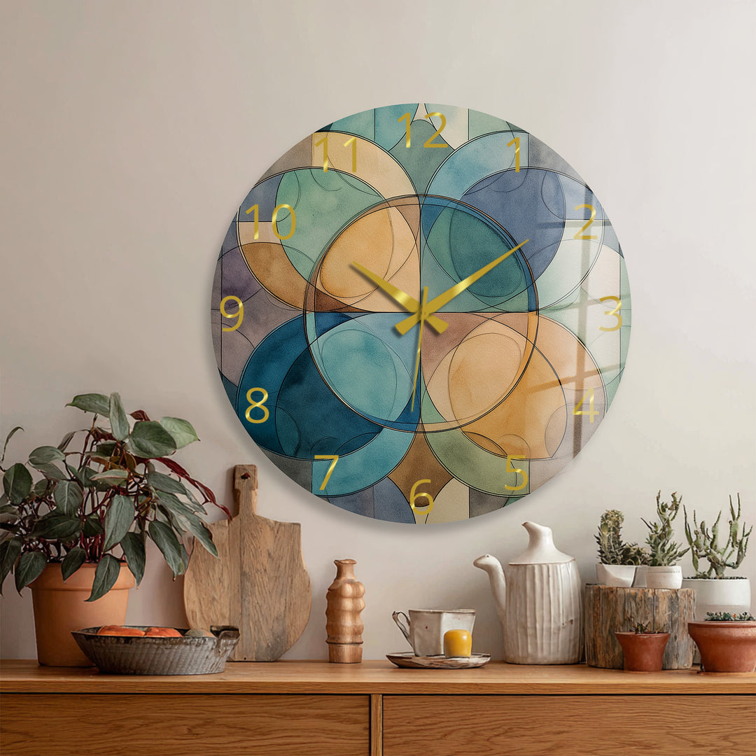 Teal Geometric Glass Wall Clock – Mid Century Abstract Decor